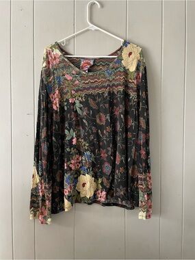 Johnny Was Flower Favorite Tunic 2X Long Sleeve V-Neck Swing Jersey Crew Neck